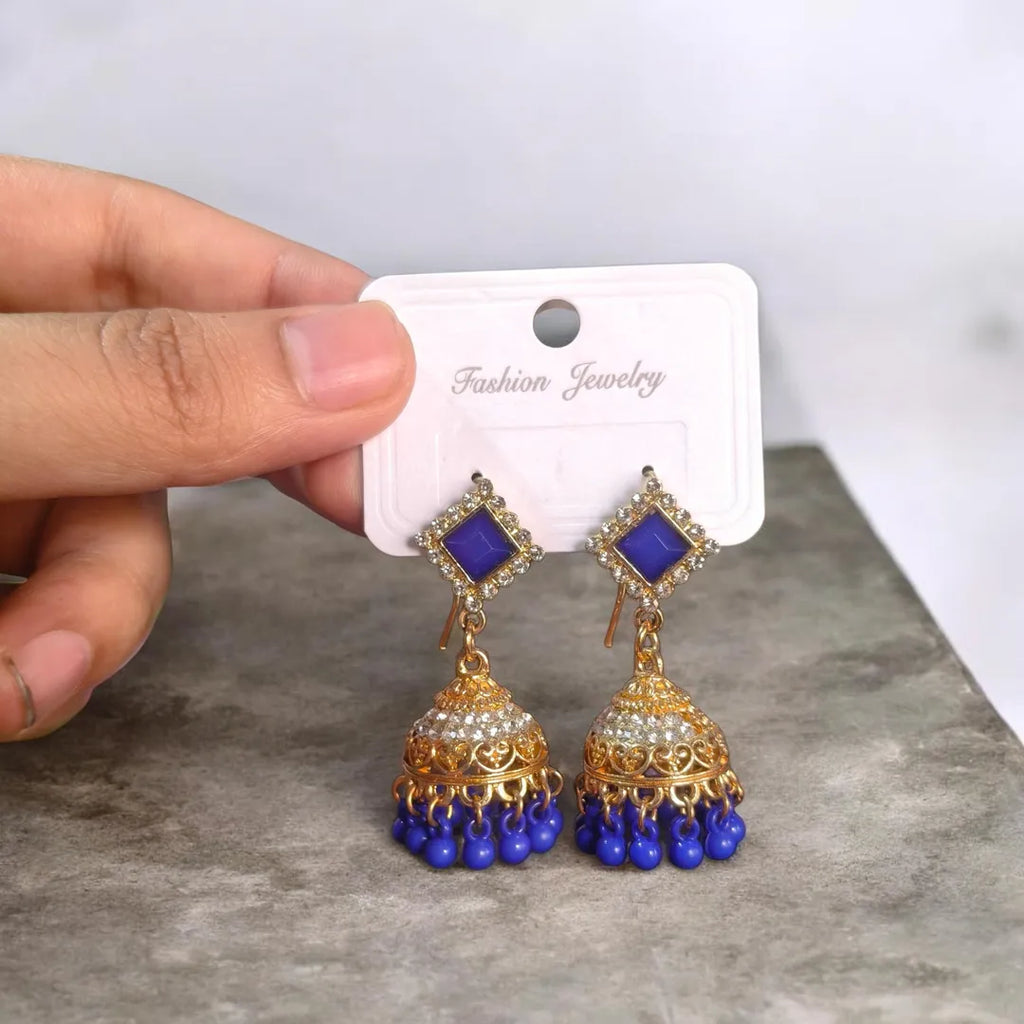 Gold Plated Blue Crystal Jhumka Earrings for Women