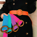 Women Elastic Woven Belt with Wooden Rings Orange