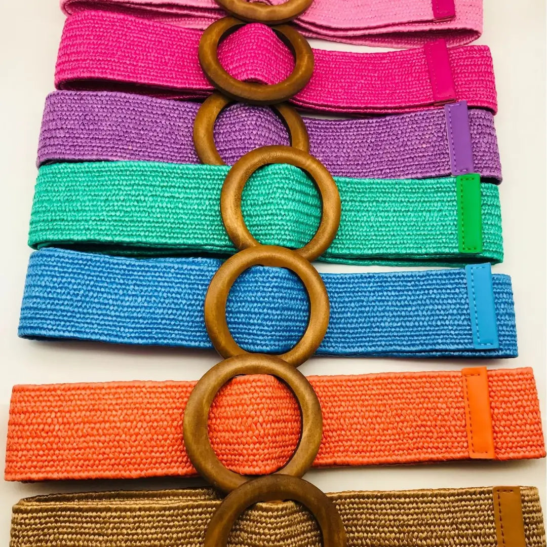 Women Elastic Woven Belt with Wooden Rings Orange