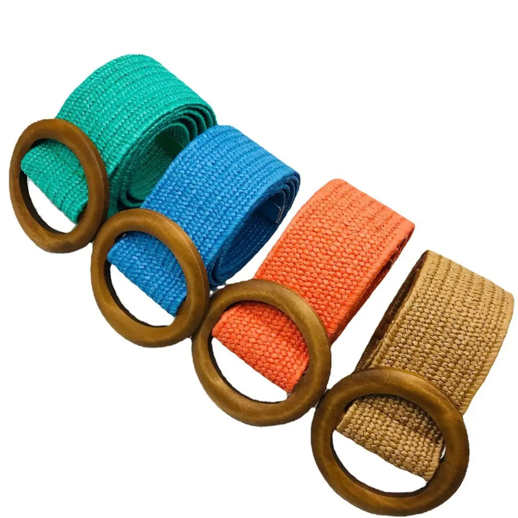 Women Elastic Woven Belt with Wooden Rings Orange
