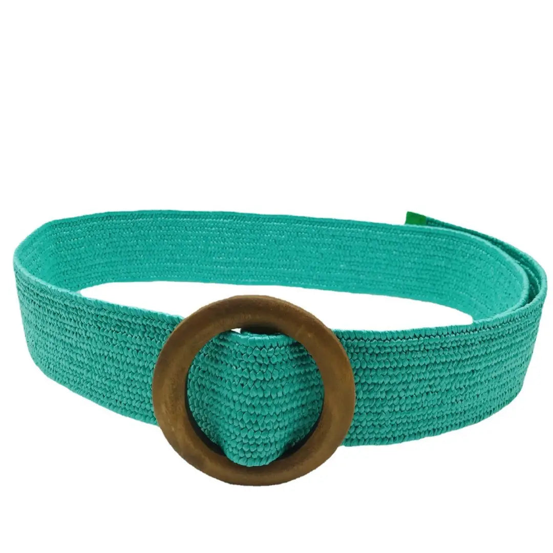 Women Elastic Woven Belt with Wooden Rings Orange