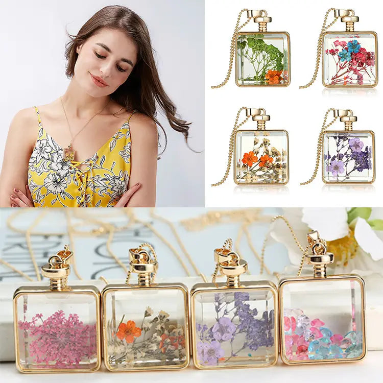 Dried Flower Necklace Square Pendant Jewelry for Women