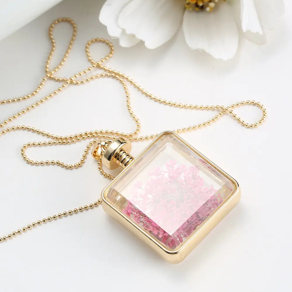 Dried Flower Necklace Square Pendant Jewelry for Women