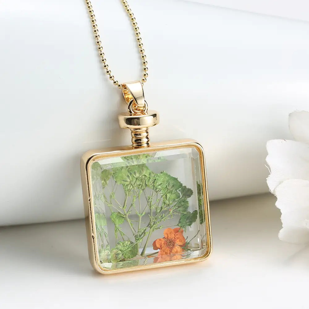 Dried Flower Necklace Square Pendant Jewelry for Women