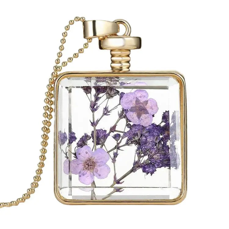Dried Flower Necklace Square Pendant Jewelry for Women