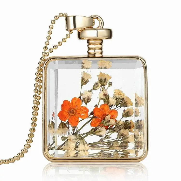 Dried Flower Necklace Square Pendant Jewelry for Women