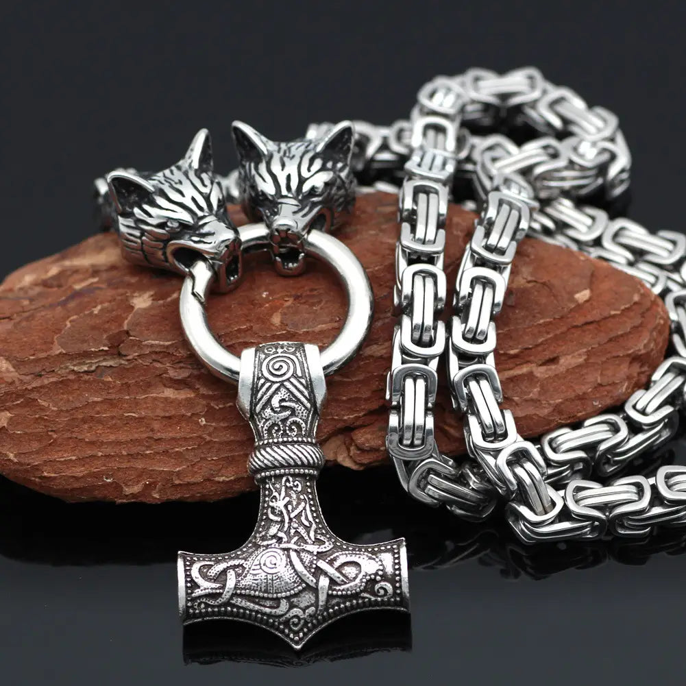 Men Viking Thor Hammer Wolf Necklace Stainless Steel