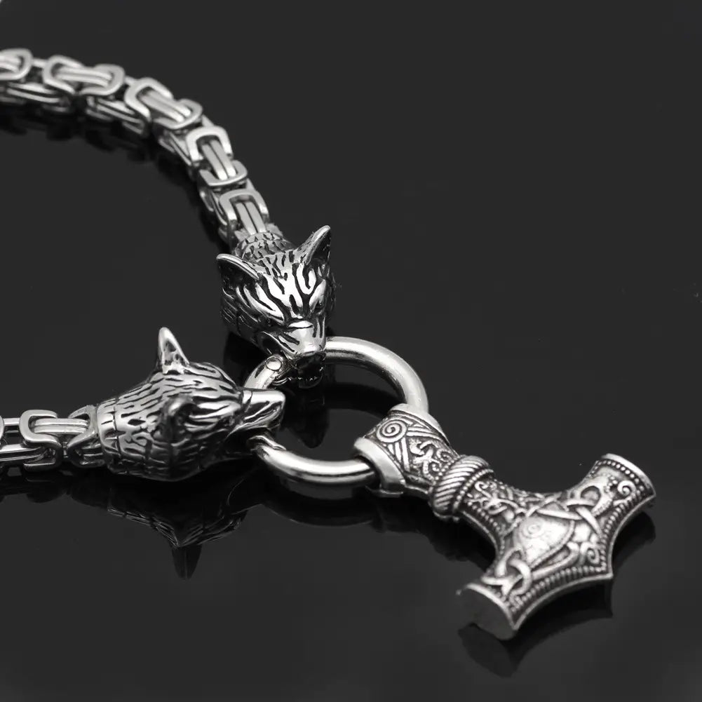 Men Viking Thor Hammer Wolf Necklace Stainless Steel