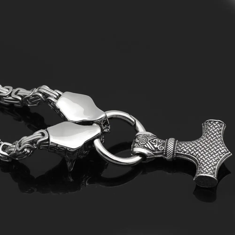 Men Viking Thor Hammer Wolf Necklace Stainless Steel