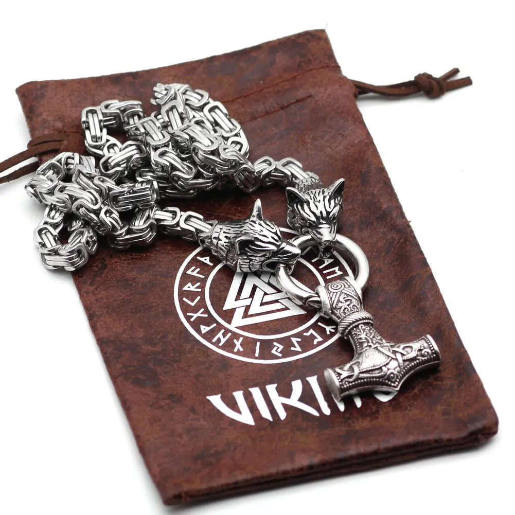 Men Viking Thor Hammer Wolf Necklace Stainless Steel