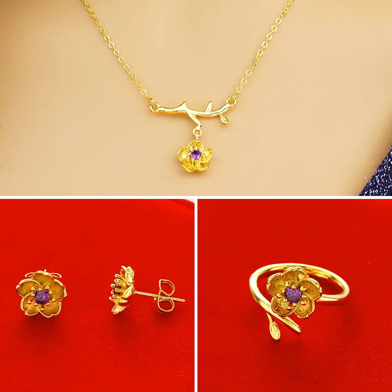 Women Gold-Plated Daisy Jewelry Set Necklace Ring Earrings