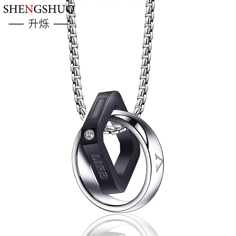Men Double Ring Titanium Steel Necklace Silver Pendant Trendy