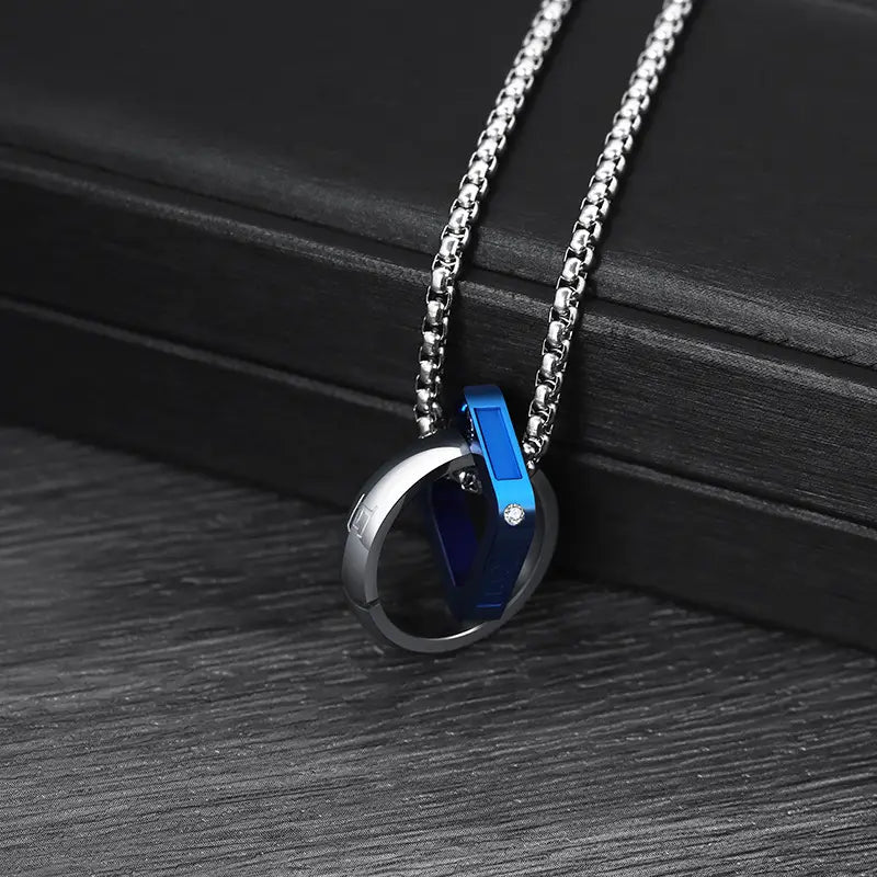 Men Double Ring Titanium Steel Necklace Silver Pendant Trendy