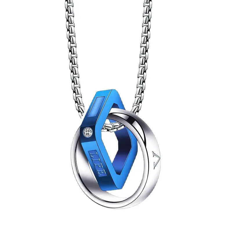Men Double Ring Titanium Steel Necklace Silver Pendant Trendy