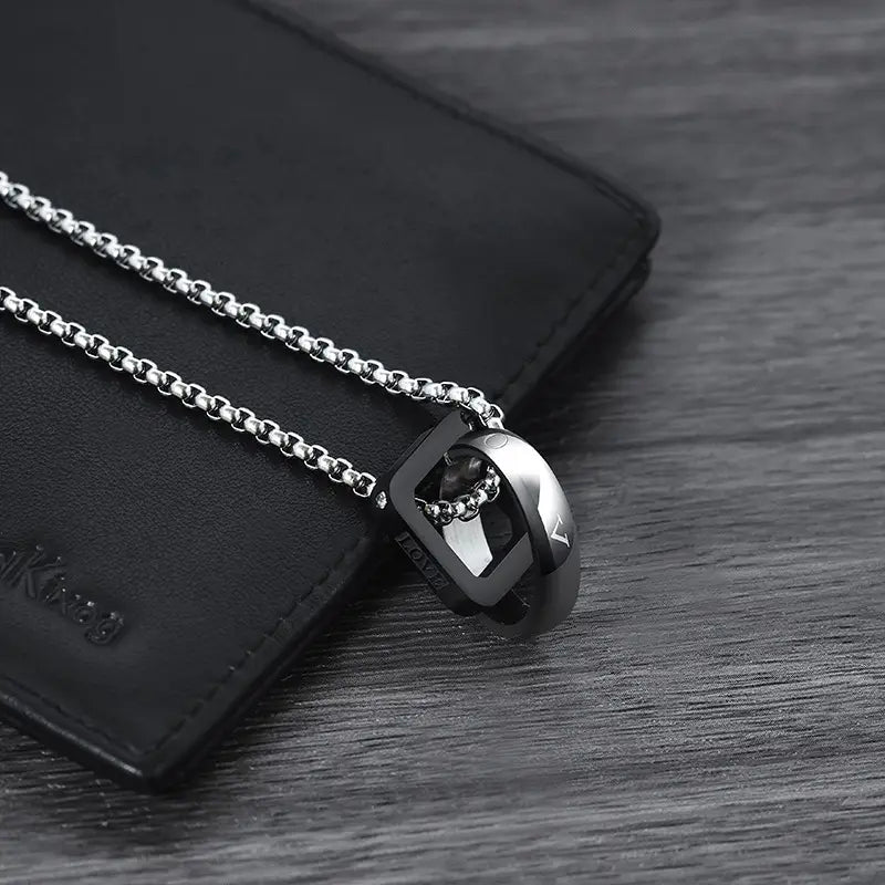 Men Double Ring Titanium Steel Necklace Silver Chain 60cm