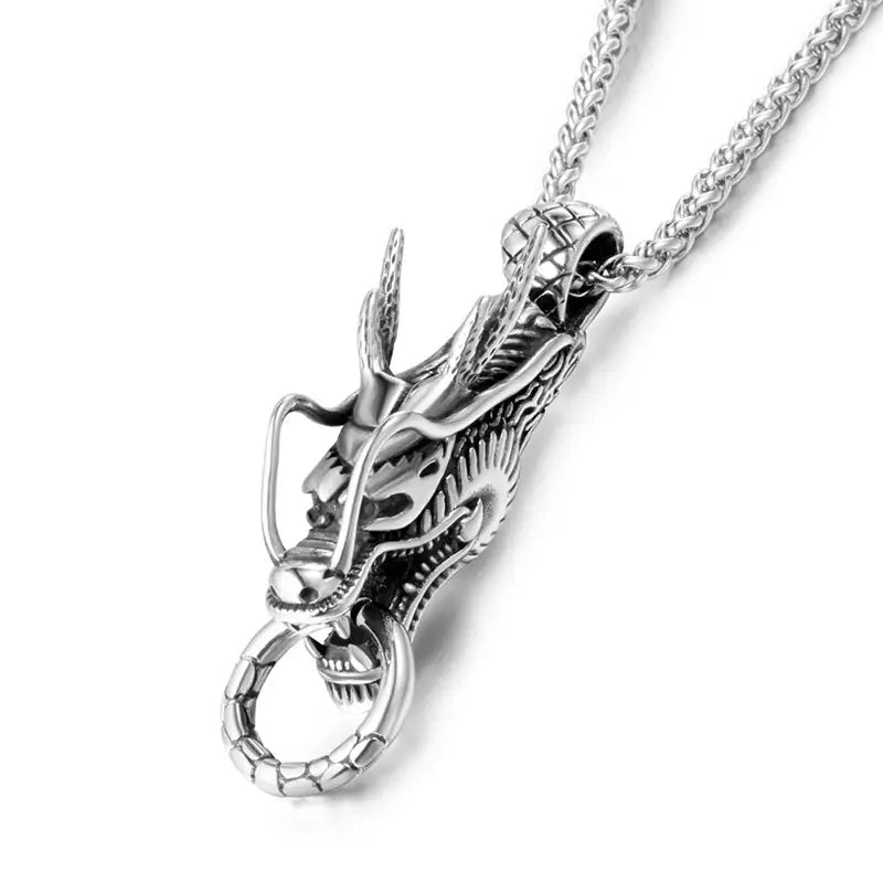 Men Dragon Pendant Necklace Silver Titanium Steel