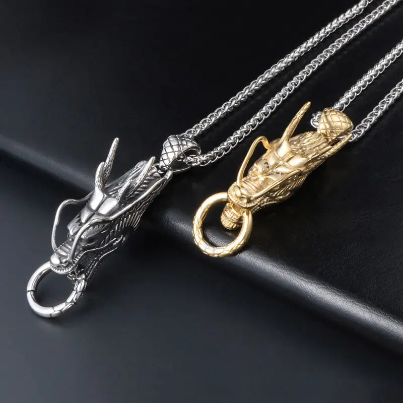 Men Dragon Pendant Necklace Silver Titanium Steel