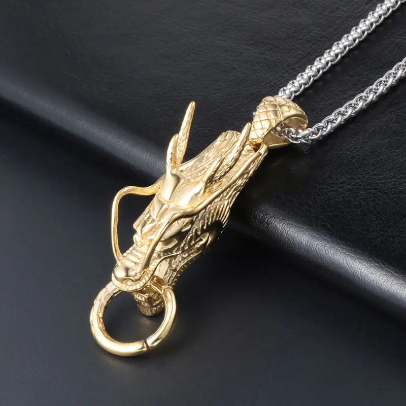 Men Dragon Pendant Necklace Titanium Steel Gold
