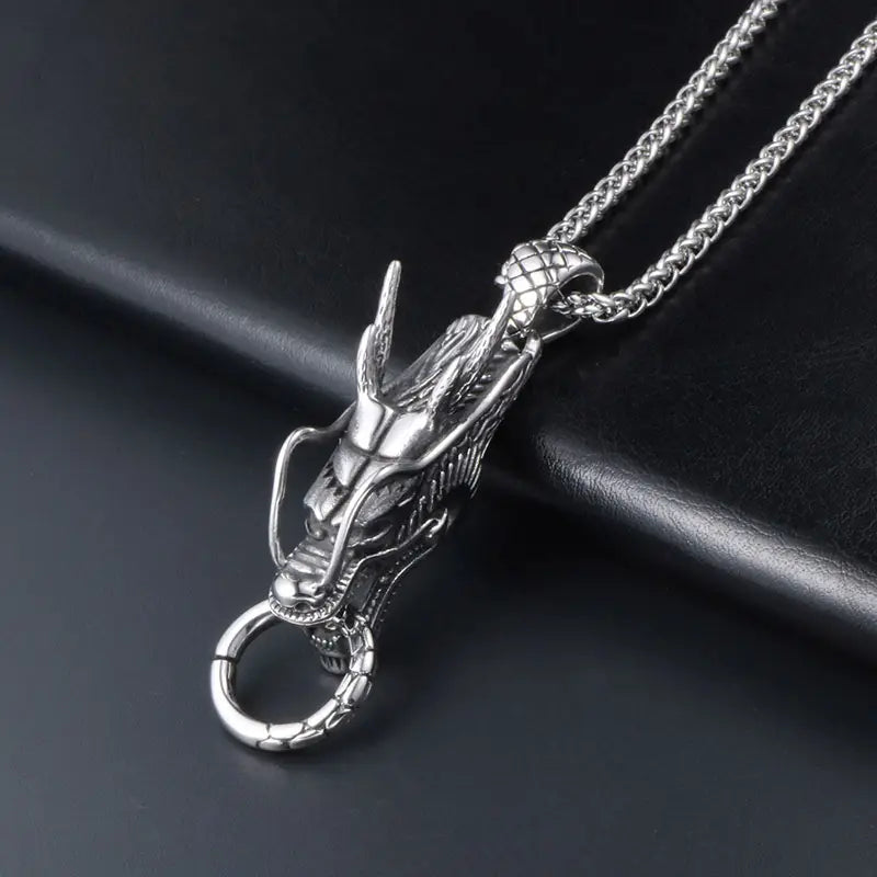 Men Dragon Pendant Necklace Titanium Steel Gold Chain