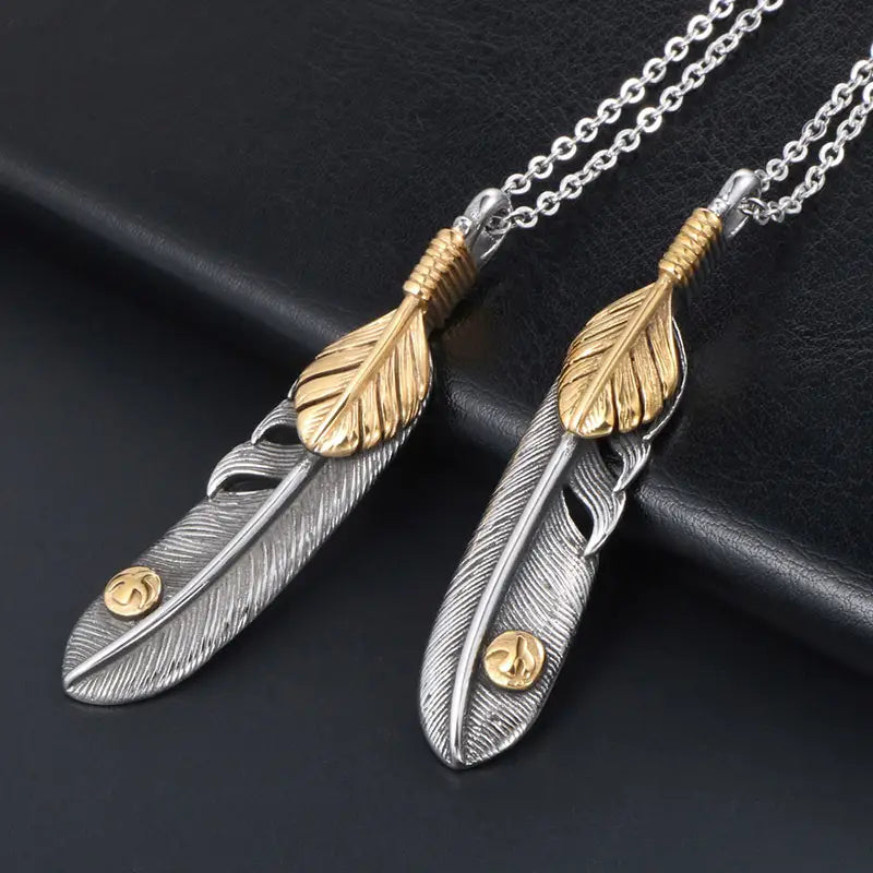 Couple Feather Necklace Gold Silver Pendant