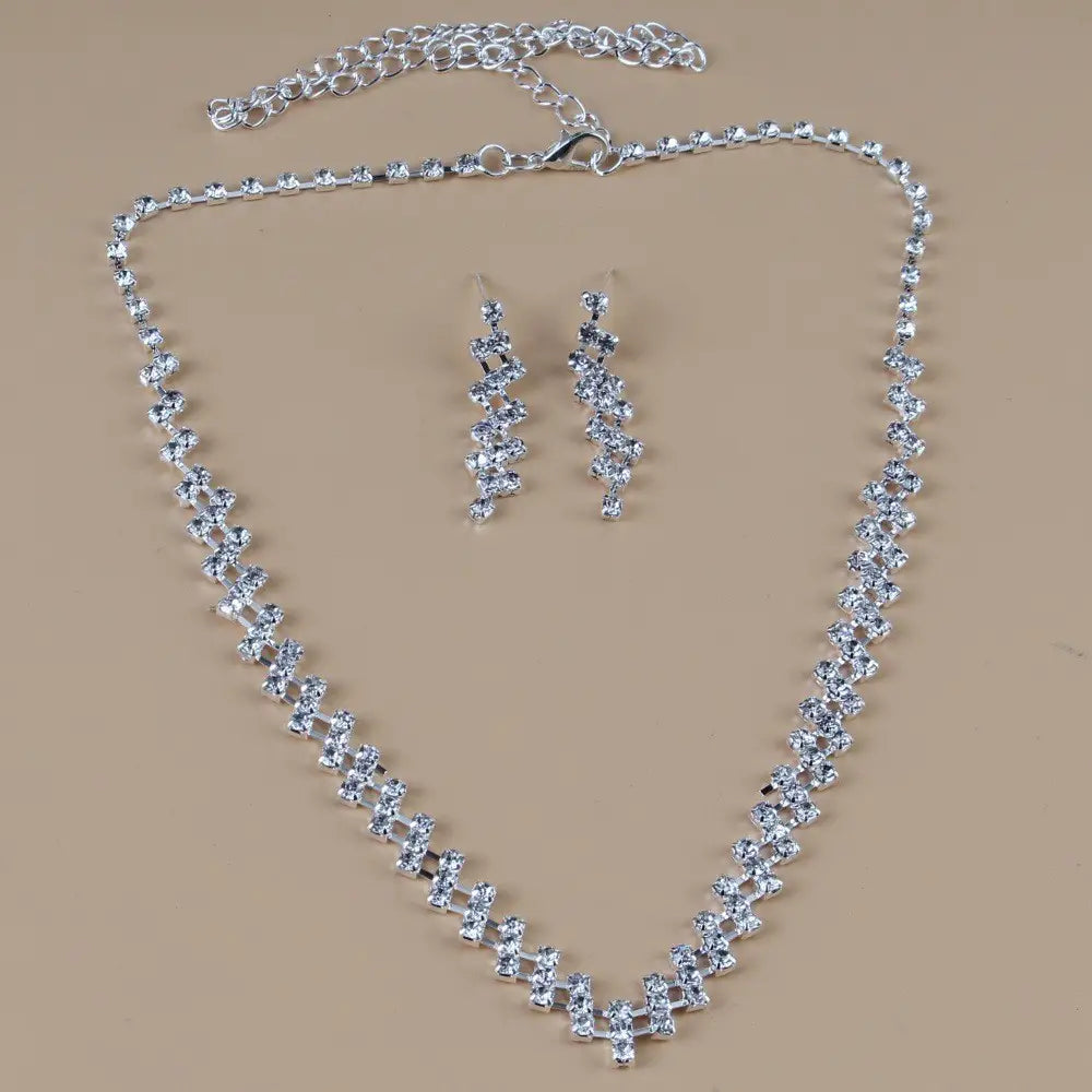 Silver Plated Rhinestone Necklace & Earrings Set for Weddings