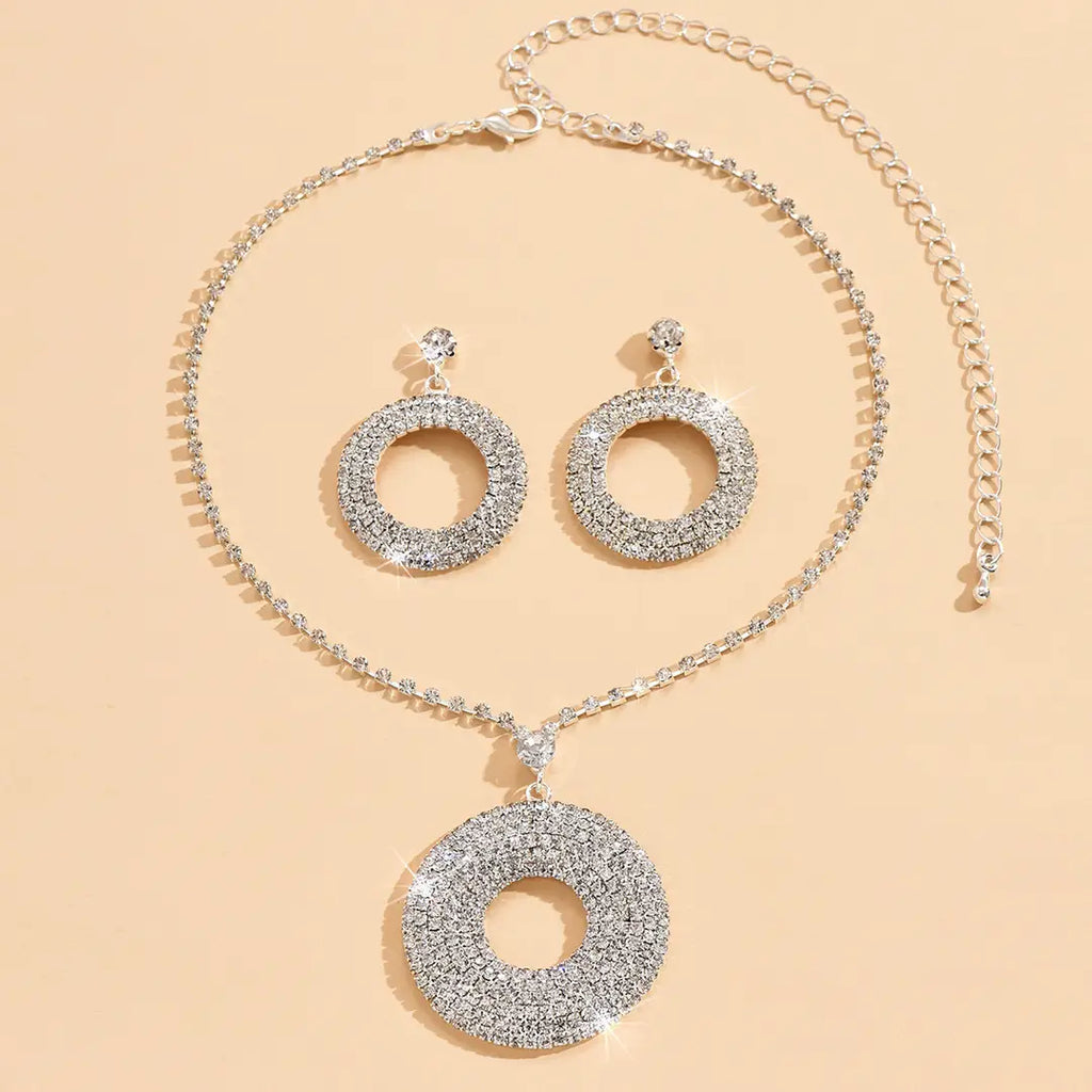 Silver Circle Pendant & Earrings Set with Diamonds