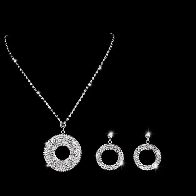 Silver Circle Pendant & Earrings Set with Diamonds