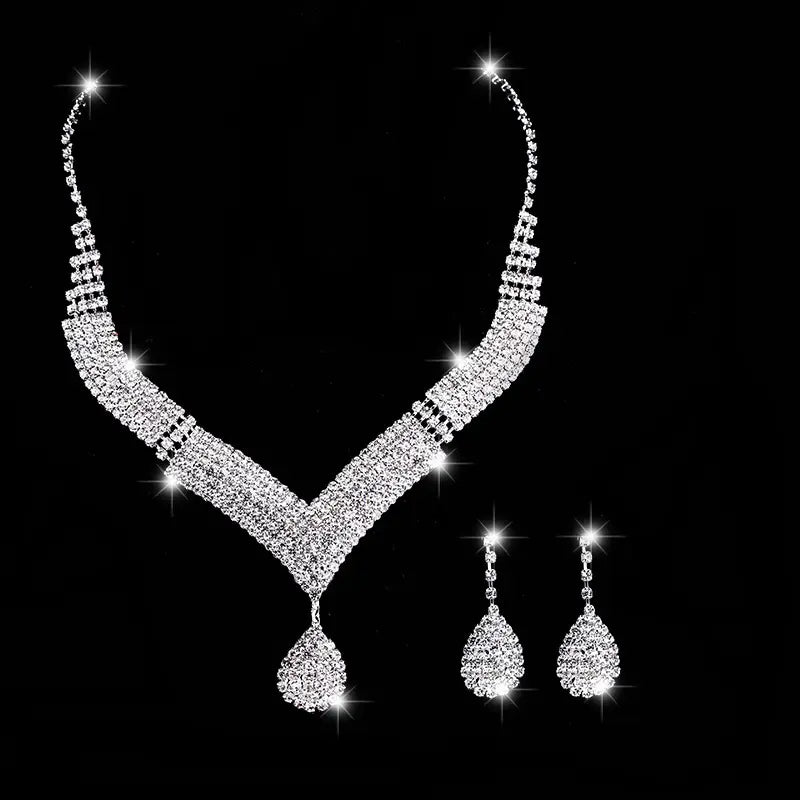 White Crystal V-Neck Necklace & Teardrop Earrings Set