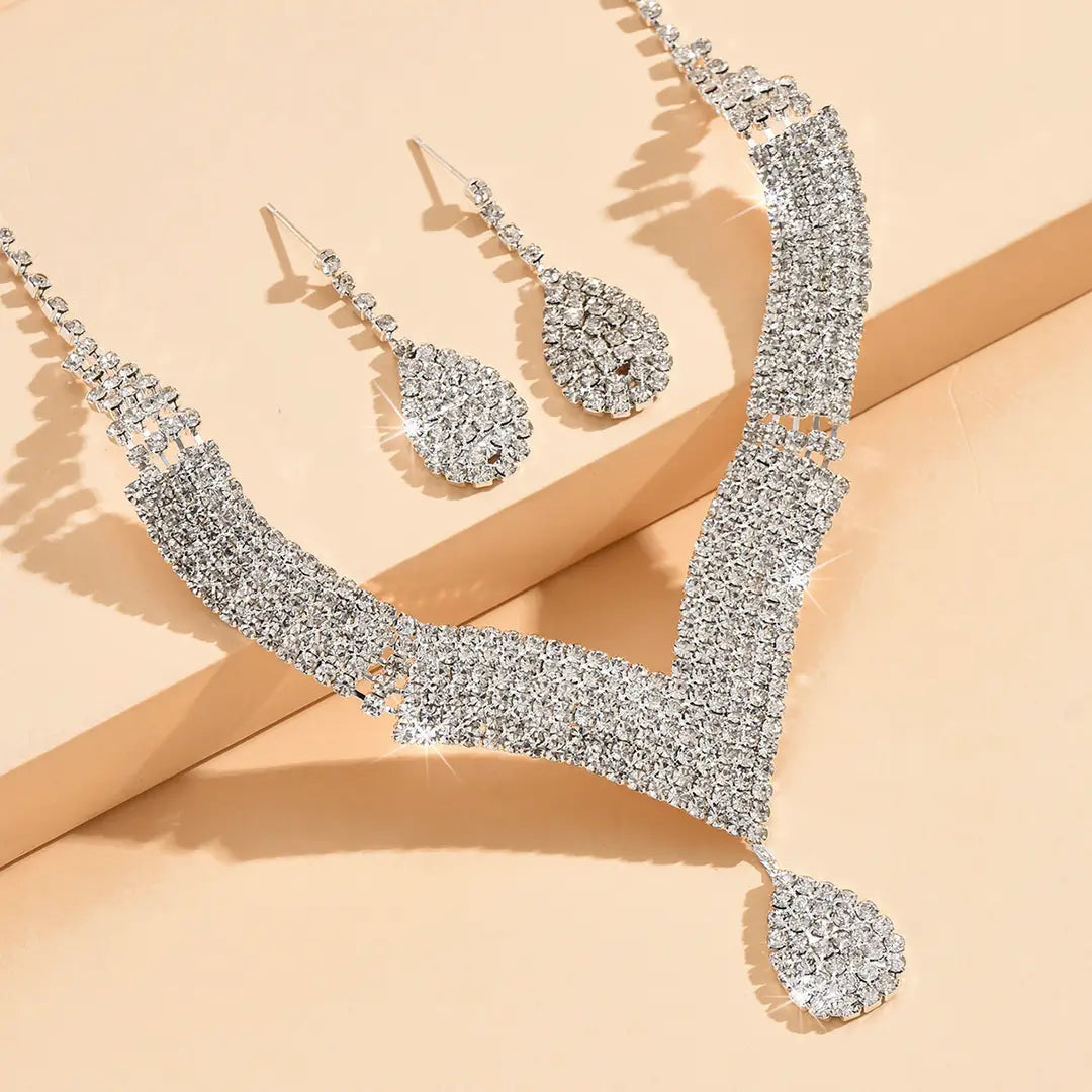 White Crystal V-Neck Necklace & Teardrop Earrings Set