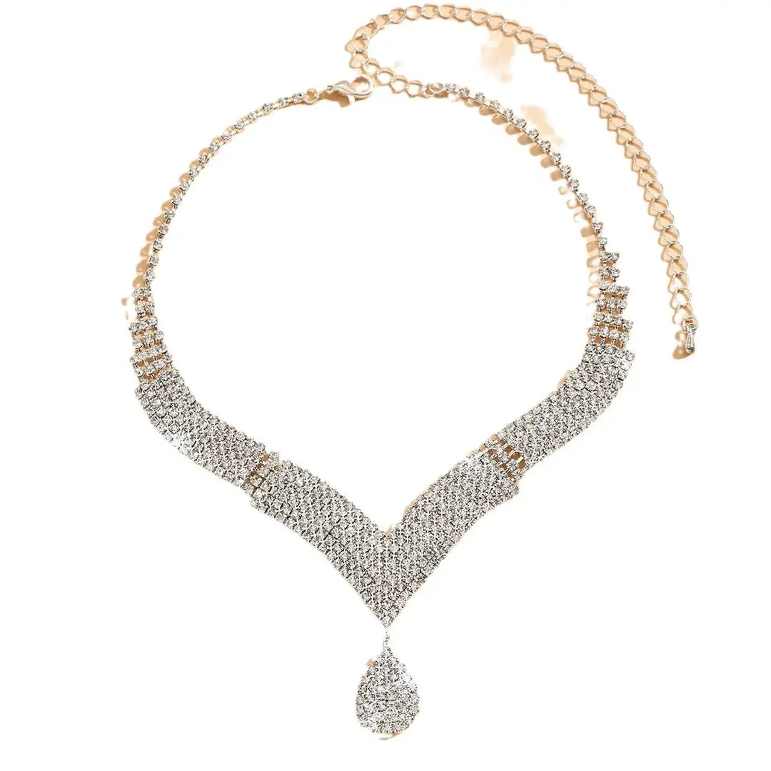 White Crystal V-Neck Necklace & Teardrop Earrings Set