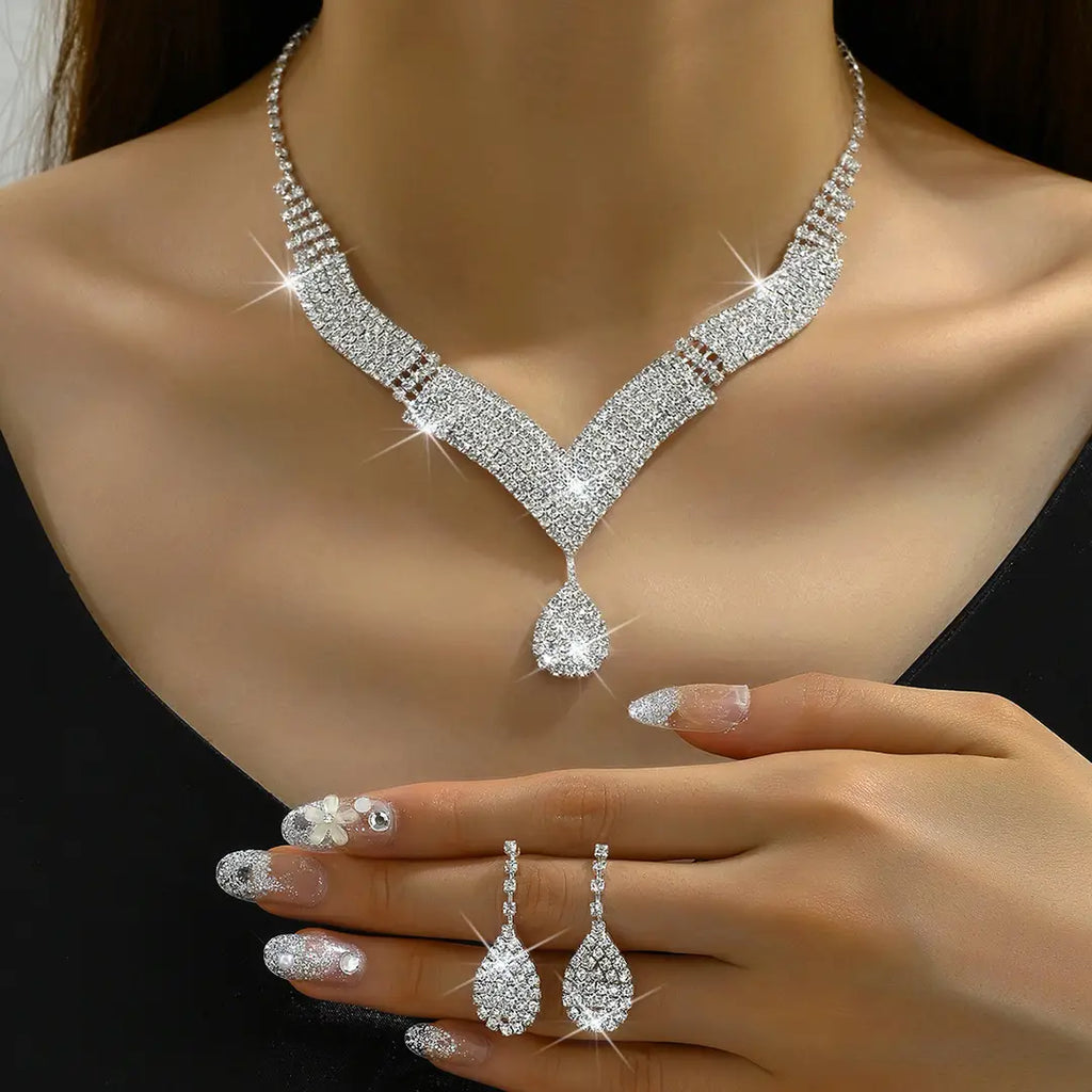 Sparkling V-Neck Necklace & Teardrop Earrings Set
