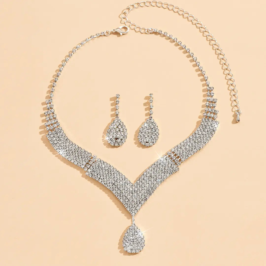 Sparkling V-Neck Necklace & Teardrop Earrings Set