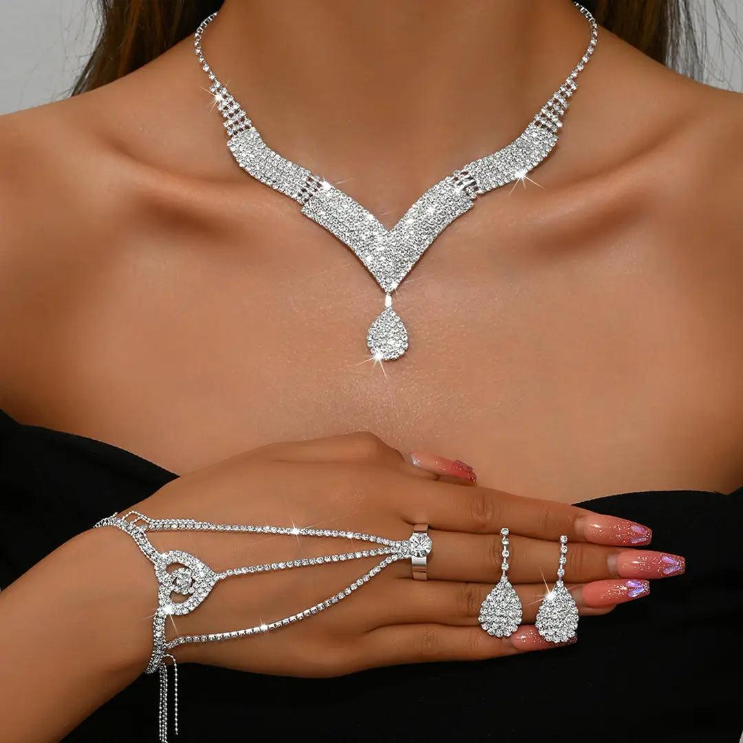 Sparkling V-Neck Necklace & Teardrop Earrings Set