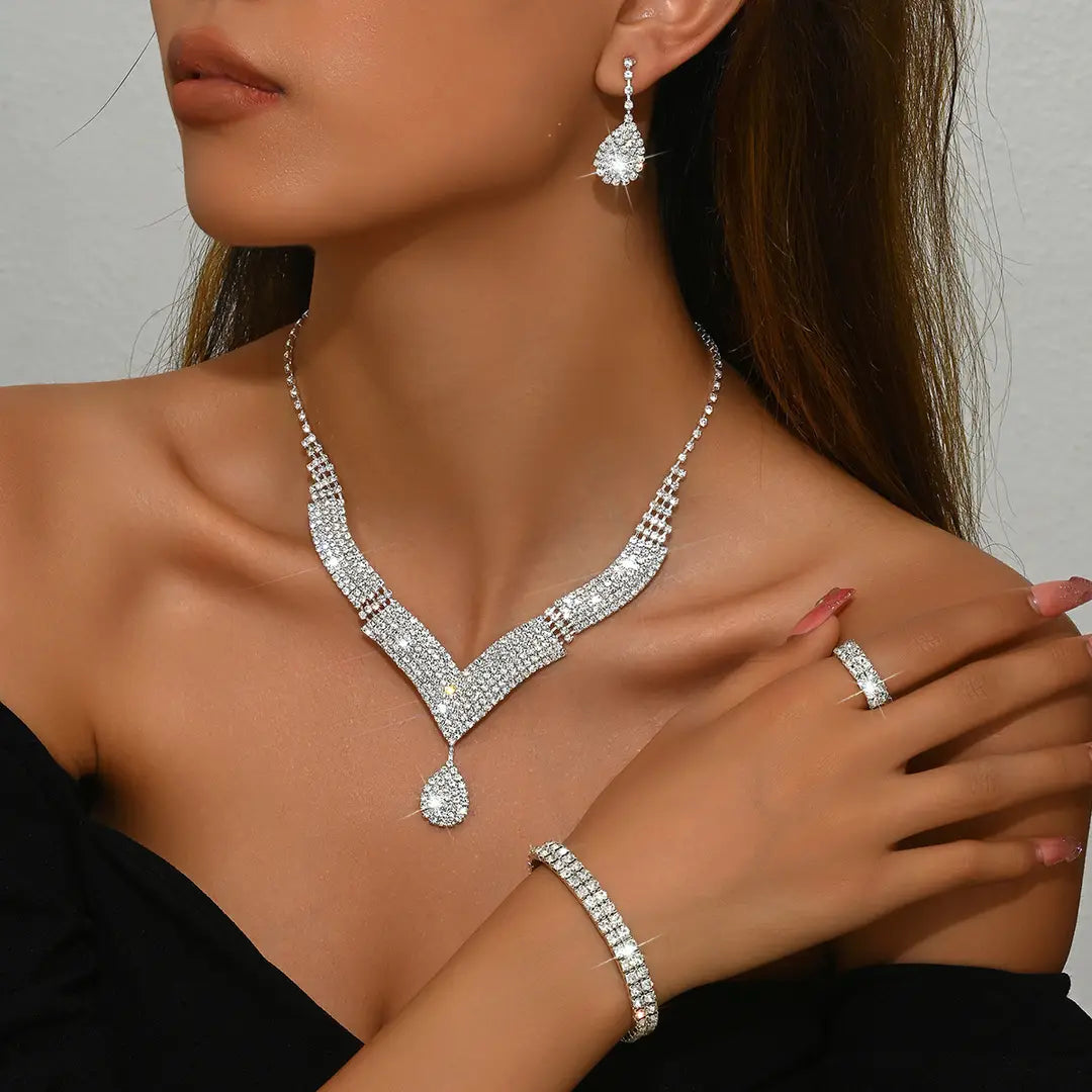 Sparkling V-Neck Necklace & Teardrop Earrings Set