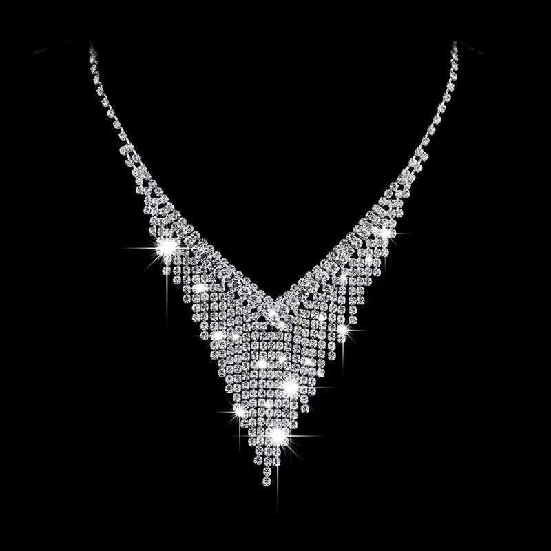 Diamond V-Neck Necklace & Earrings Set for Bridal Wear