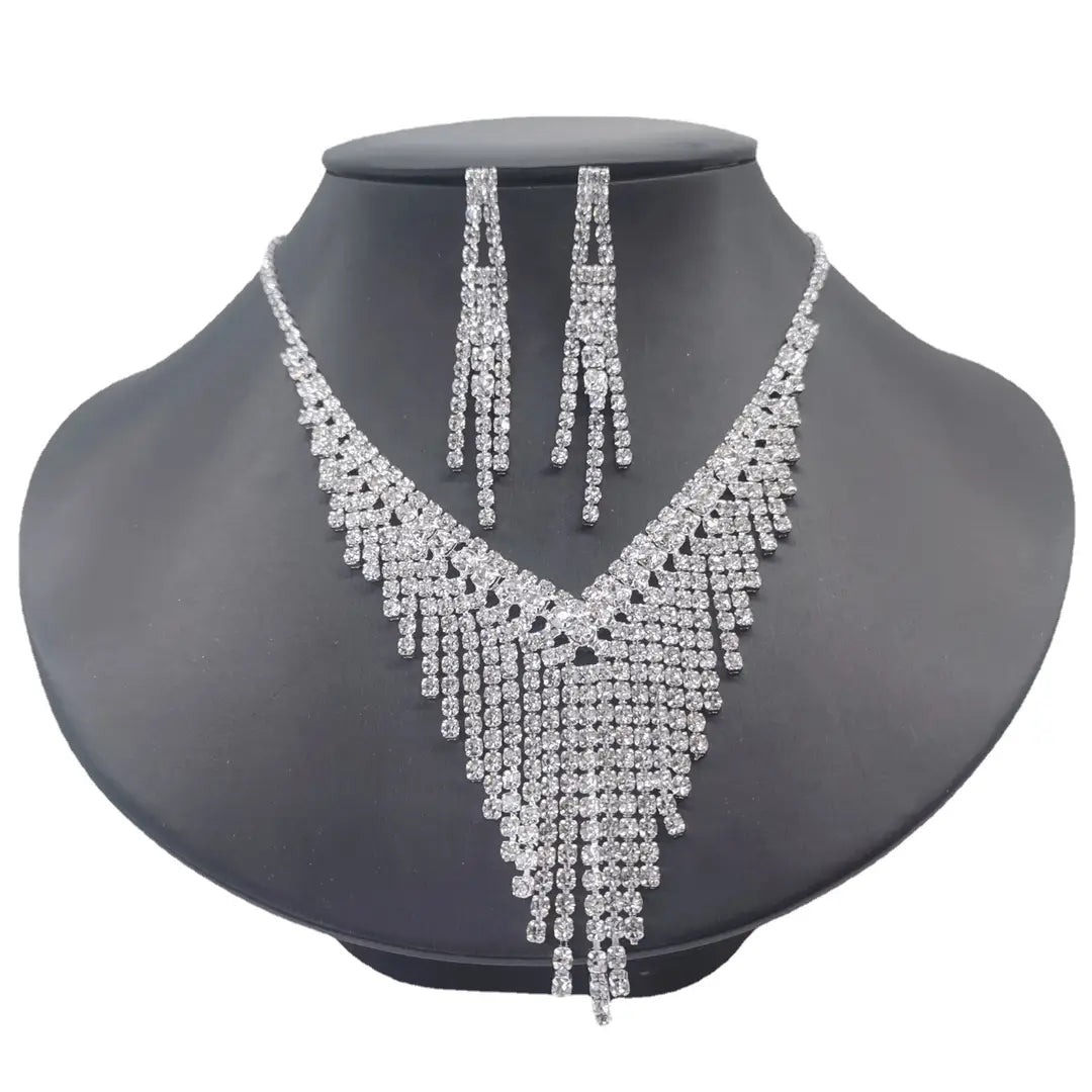 Diamond V-Neck Necklace & Earrings Set for Bridal Wear