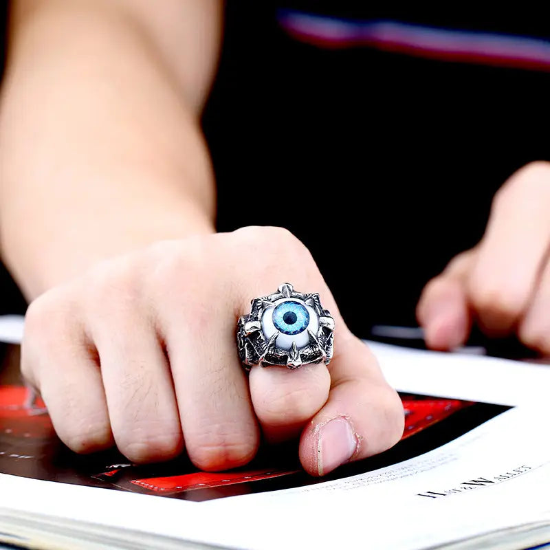 Men's Stainless Steel Devil Eye Ring Blue