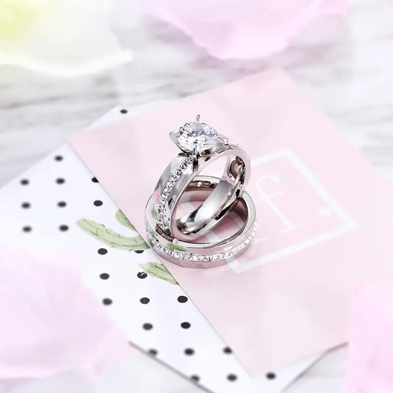 Women's Gold Titanium Steel Diamond Couple Rings Set