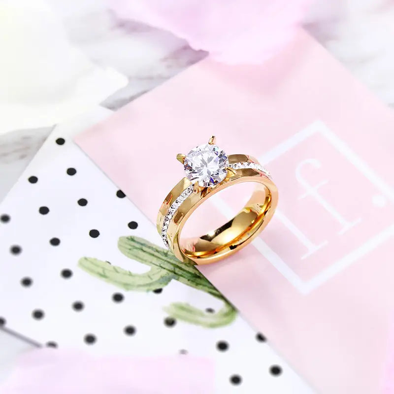 Women's Gold Titanium Steel Diamond Couple Rings Set
