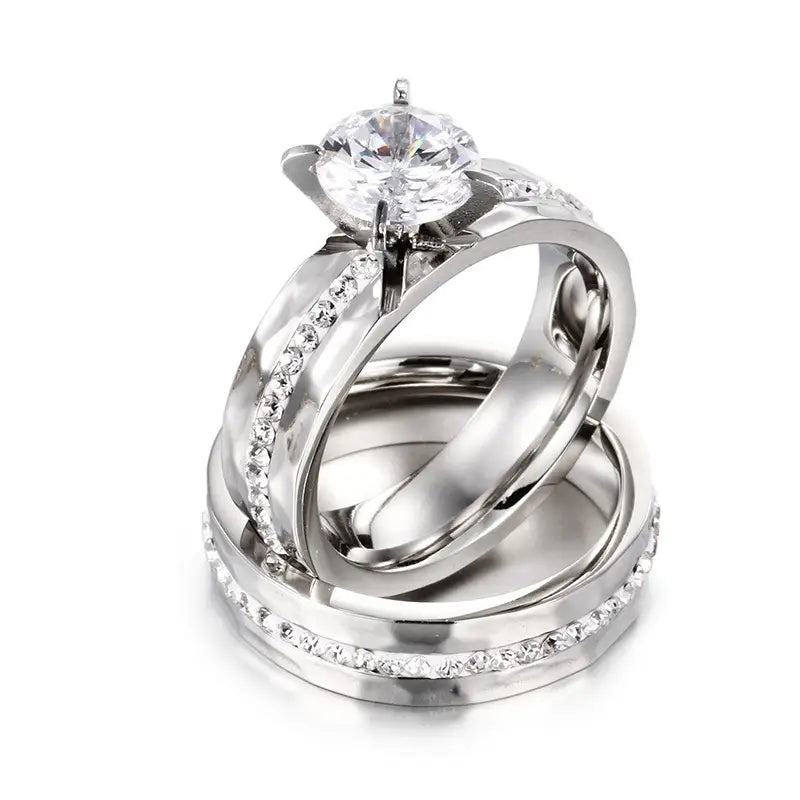 Women's Gold Titanium Steel Diamond Couple Rings Set