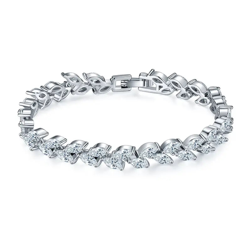 Zircon Rice Bracelet for Women, Silver, Wicker Leaf Design