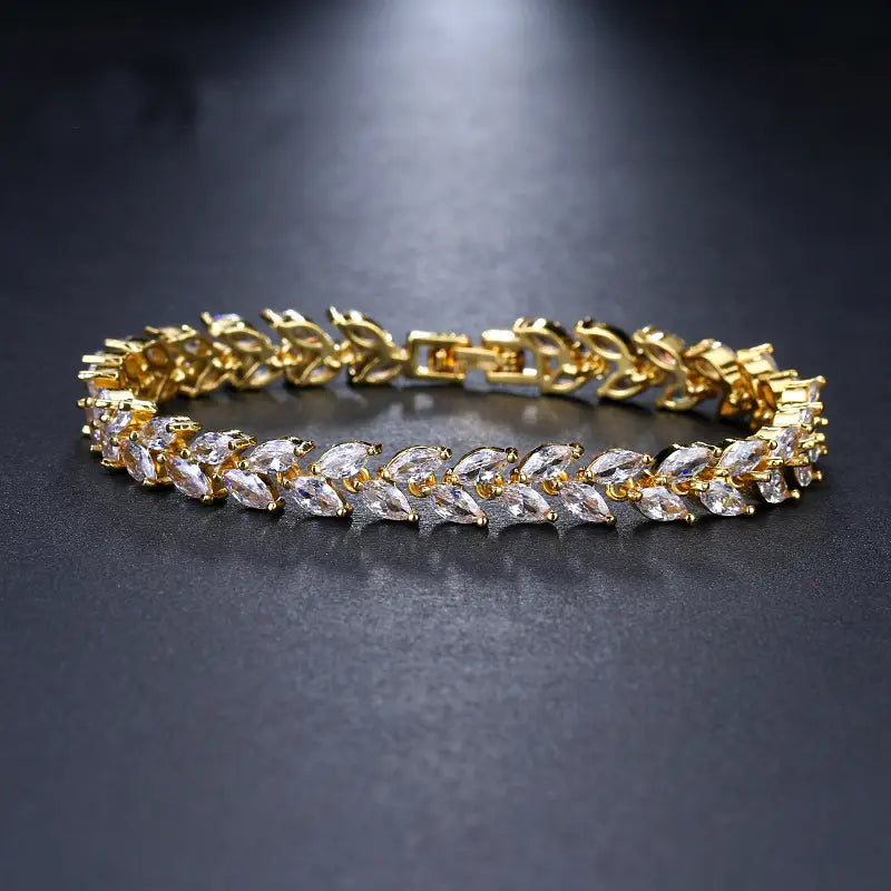 Zircon Rice Bracelet for Women, Silver, Wicker Leaf Design