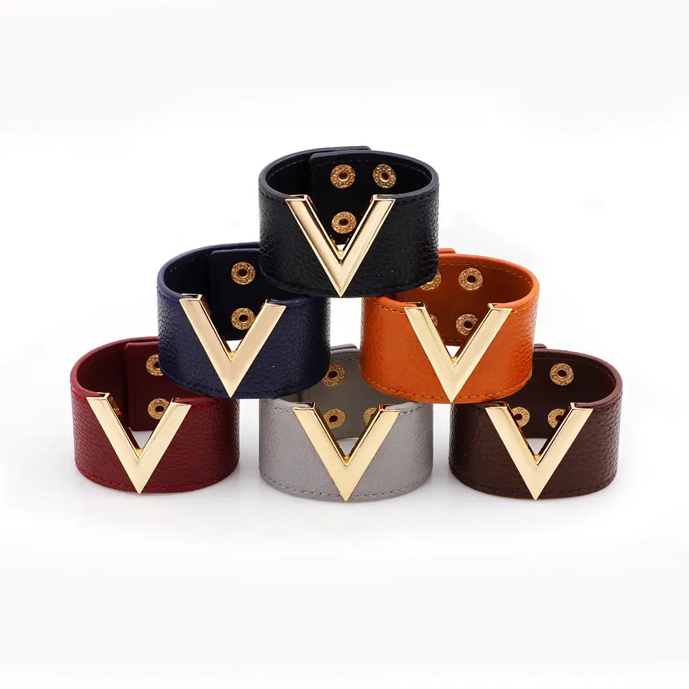 Red PU Leather V-Buckle Bracelet for Women