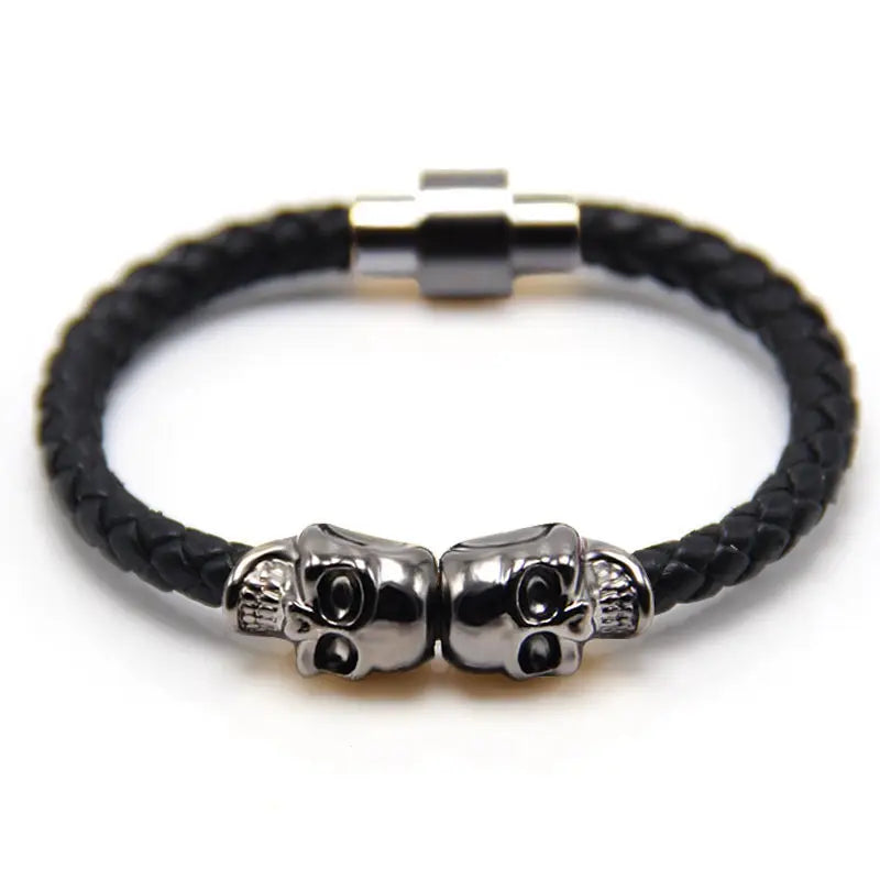 Men's Skull Charm Braided Black Cowhide Bracelet