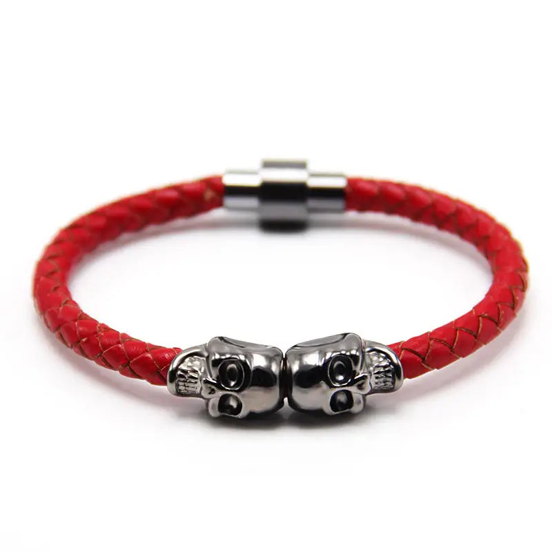 Men's Skull Charm Braided Black Cowhide Bracelet
