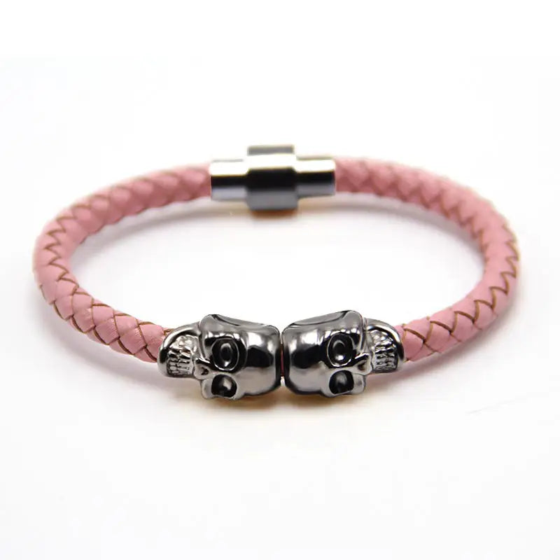Men's Skull Charm Braided Black Cowhide Bracelet