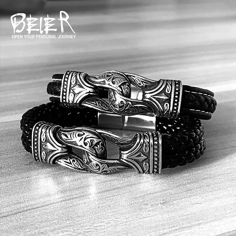 Viking Leather Bracelet for Men Black Magnetic Clasp