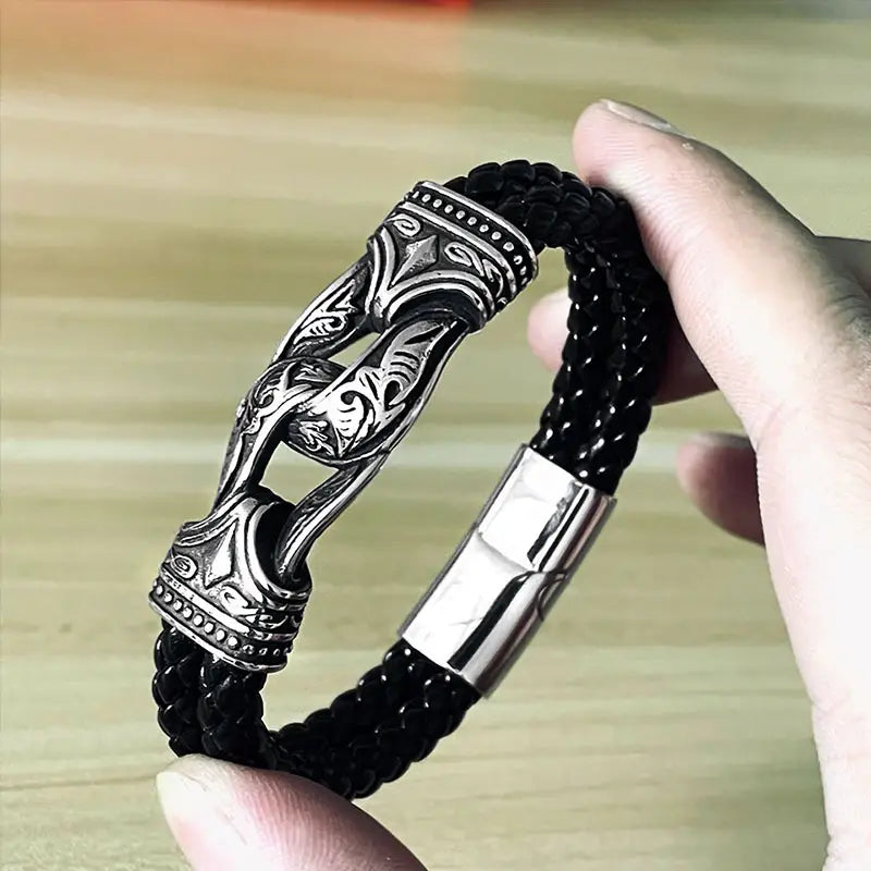 Viking Leather Bracelet for Men Black Magnetic Clasp