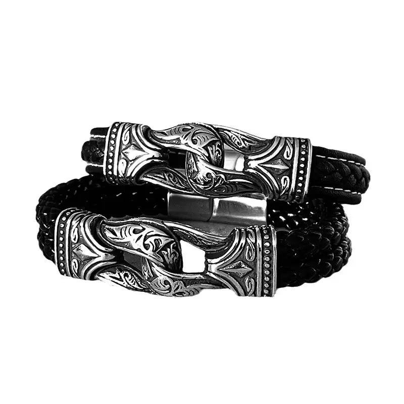 Viking Leather Bracelet for Men Black Magnetic Clasp