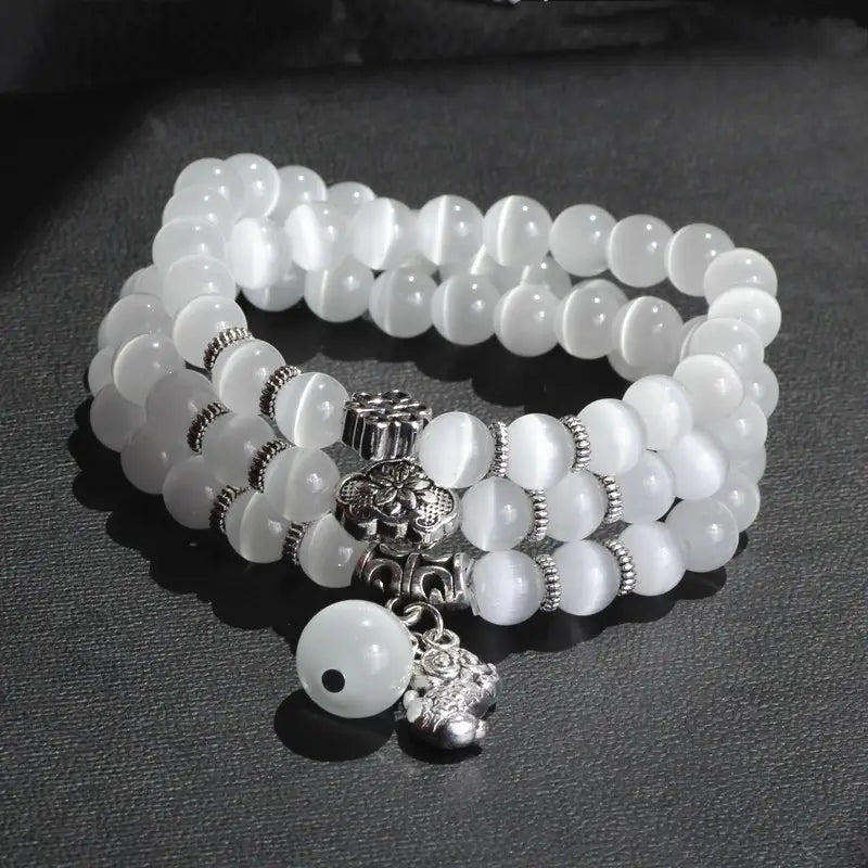 Cat Eye Bracelet for Women White Silver Beads